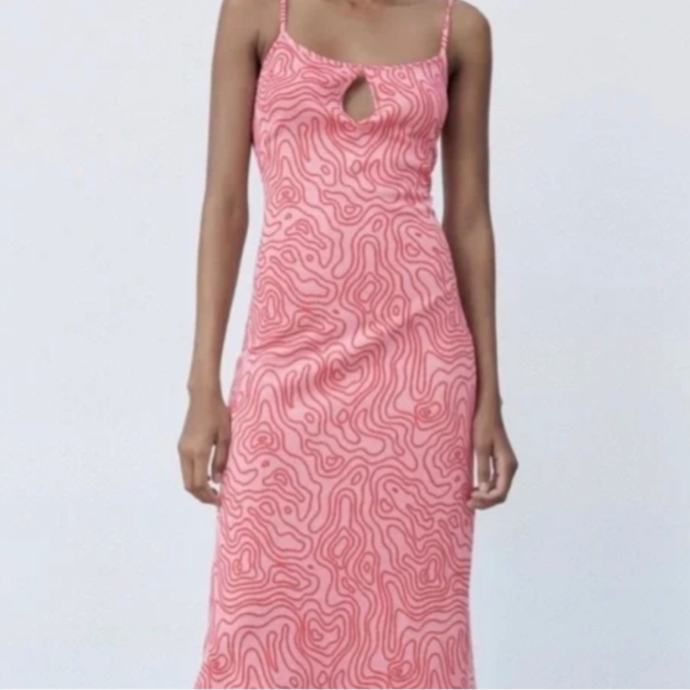 NWT Zara Jacquard Pink Swirl Midi Dress, Size L